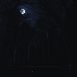 A vast and dark forest at night, shrouded in an eerie atmosphere of mystery and suspense