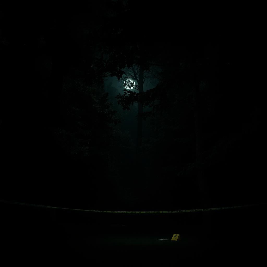 A murder scene deep within a sprawling and dark forest at night, creating an intense atmosphere of mystery and tension