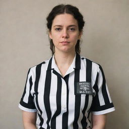 A woman wearing a traditional black and white striped prison uniform, standing in a neutral pose