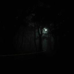 A murder scene deep within a sprawling and dark forest at night, creating an intense atmosphere of mystery and tension