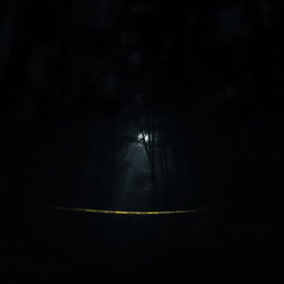 A murder scene deep within a sprawling and dark forest at night, creating an intense atmosphere of mystery and tension