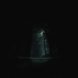 A murder scene deep within a sprawling and dark forest at night, creating an intense atmosphere of mystery and tension