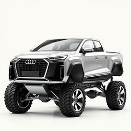 A unique vehicle design combining elements of an Audi car with the structure of a truck