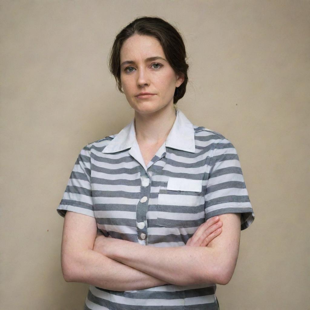 A woman wearing a traditional black and white striped prison uniform, standing in a neutral pose