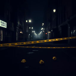 A crime scene with a somber and mysterious atmosphere, set in an urban environment