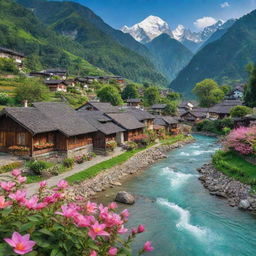 A picturesque village nestled amidst lush greenery, highlighted by a crystal-clear river, towering mountains in the background, quaint houses, and vibrant blossoming flowers.