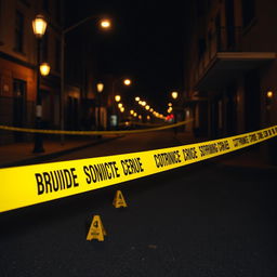 A crime scene with a somber and mysterious atmosphere, set in an urban environment