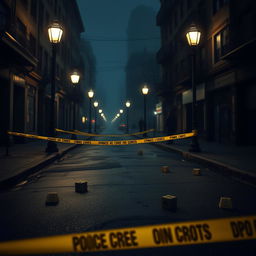 A crime scene with a somber and mysterious atmosphere, set in an urban environment