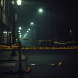 A crime scene with a somber and mysterious atmosphere, set in an urban environment