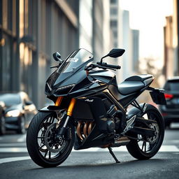 sleek and luxurious black Audi motorcycle, modern design, shiny black finish, positioned on a dynamic city street, showcasing elegance and high performance, dramatic lighting enhancing the motorcycle's curves and details