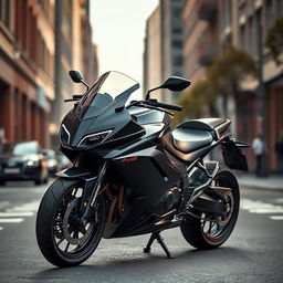 sleek and luxurious black Audi motorcycle, modern design, shiny black finish, positioned on a dynamic city street, showcasing elegance and high performance, dramatic lighting enhancing the motorcycle's curves and details