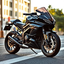 sleek and luxurious black Audi motorcycle, modern design, shiny black finish, positioned on a dynamic city street, showcasing elegance and high performance, dramatic lighting enhancing the motorcycle's curves and details