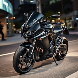 sleek and luxurious black Audi motorcycle, modern design, shiny black finish, positioned on a dynamic city street, showcasing elegance and high performance, dramatic lighting enhancing the motorcycle's curves and details