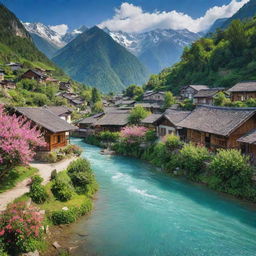 A picturesque village nestled amidst lush greenery, highlighted by a crystal-clear river, towering mountains in the background, quaint houses, and vibrant blossoming flowers.