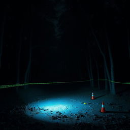 A realistic depiction of a murder scene set in a dark, expansive forest at night