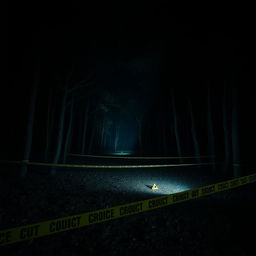 A realistic depiction of a murder scene set in a dark, expansive forest at night