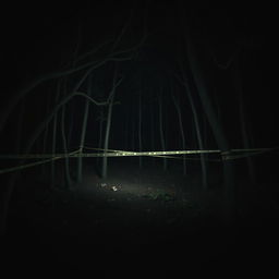 A realistic depiction of a murder scene set in a dark, expansive forest at night