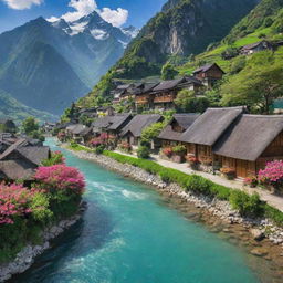 A picturesque village nestled amidst lush greenery, highlighted by a crystal-clear river, towering mountains in the background, quaint houses, and vibrant blossoming flowers.