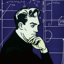 Design a physics notebook cover featuring Lichtenstein deep in thought, performing calculations