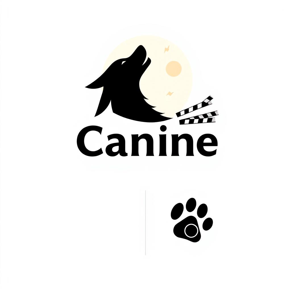 A sleek silhouette of a dog howling at the moon, where the moon forms the "C" in the word "Canine