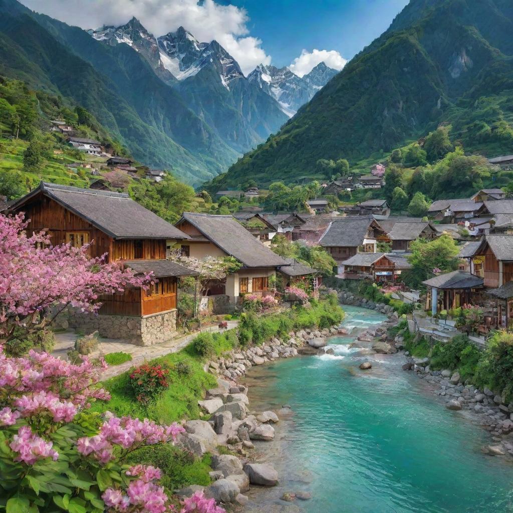 A picturesque village nestled amidst lush greenery, highlighted by a crystal-clear river, towering mountains in the background, quaint houses, and vibrant blossoming flowers.