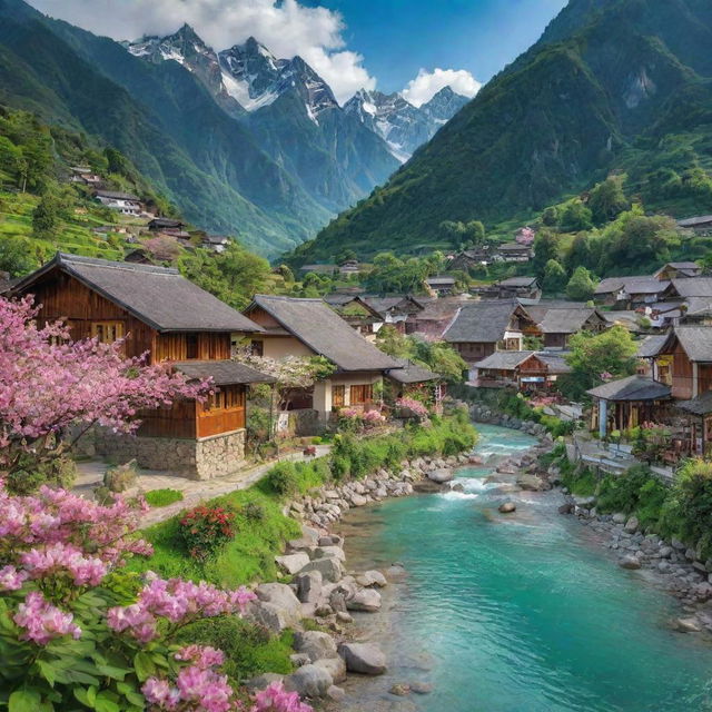 A picturesque village nestled amidst lush greenery, highlighted by a crystal-clear river, towering mountains in the background, quaint houses, and vibrant blossoming flowers.