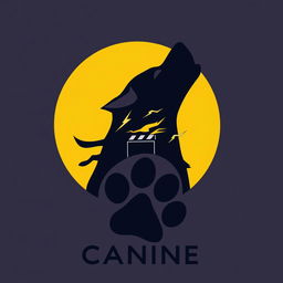 A sleek silhouette of a dog howling at the moon, where the moon forms the "C" in the word "Canine