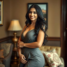 Elegant Indian woman in a modern outfit that subtly highlights her curves, focusing on her confident pose and captivating presence