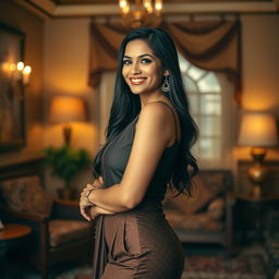 Elegant Indian woman in a modern outfit that subtly highlights her curves, focusing on her confident pose and captivating presence