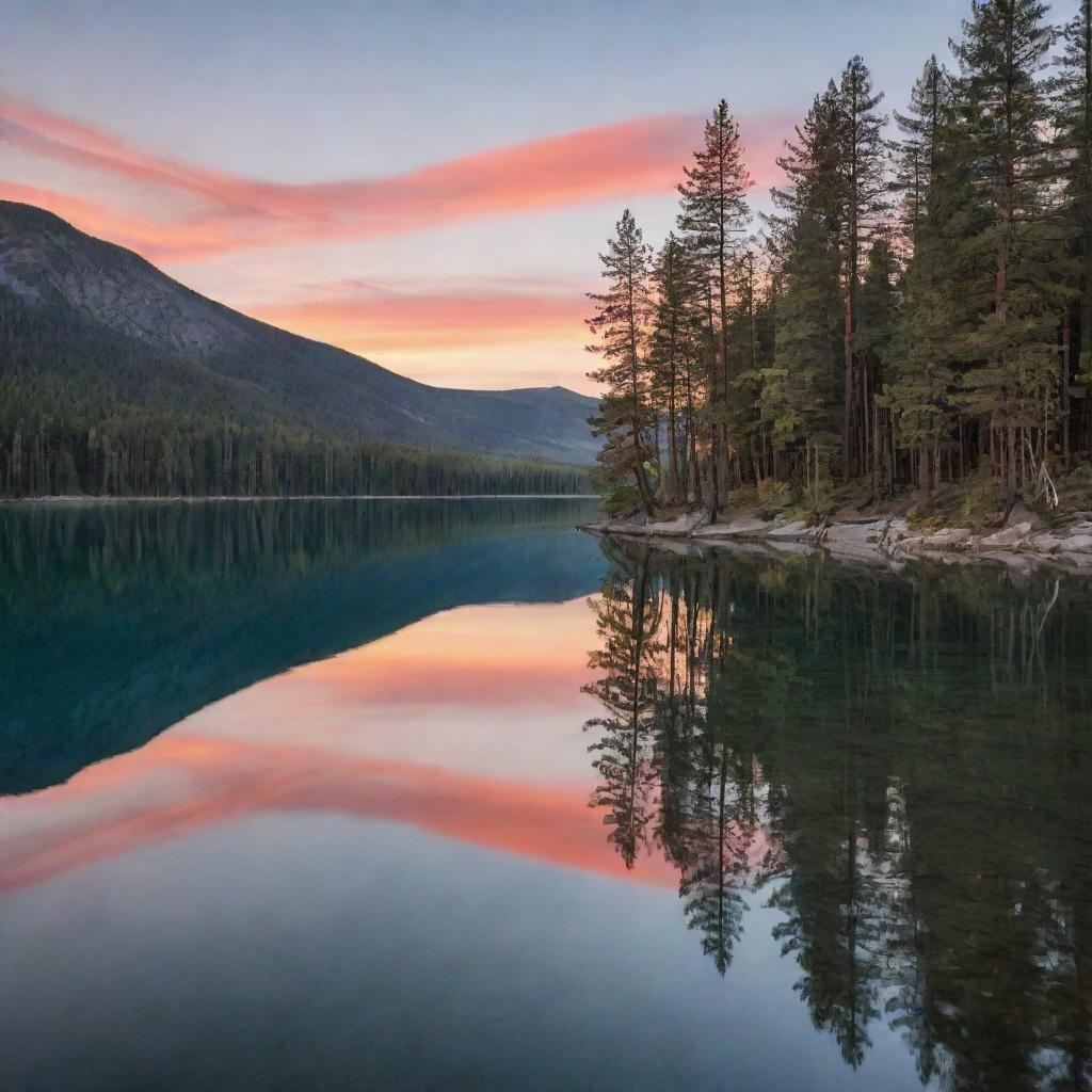 A serene mountain lake scene with a glass-like water surface reflecting a stunning sunset, with pine trees on the shores