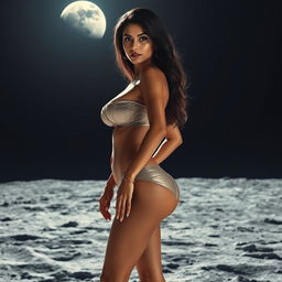 A stunningly beautiful Indian woman standing on the lunar surface, highlighted by Earth's distant glow