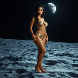 A stunningly beautiful Indian woman standing on the lunar surface, highlighted by Earth's distant glow