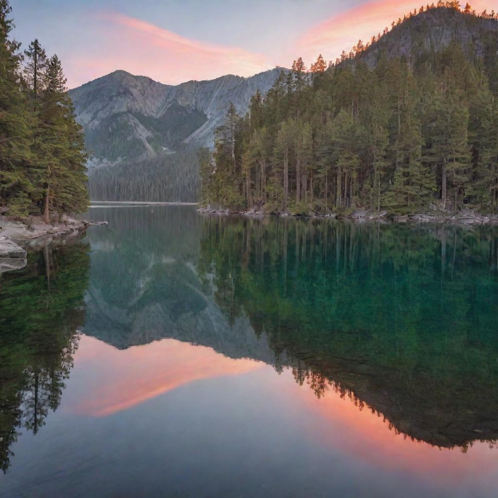 A serene mountain lake scene with a glass-like water surface reflecting a stunning sunset, with pine trees on the shores