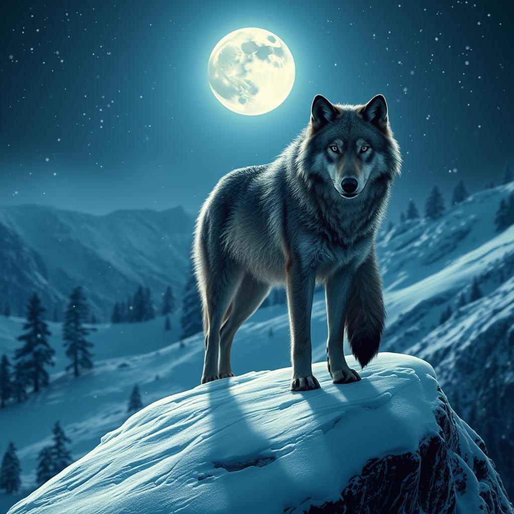 A solitary wolf standing on a snow-covered mountain peak, with a full moon bright in the night sky