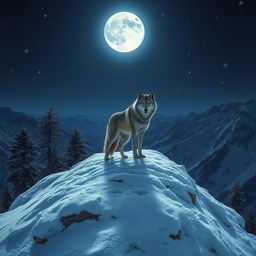 A solitary wolf standing on a snow-covered mountain peak, with a full moon bright in the night sky