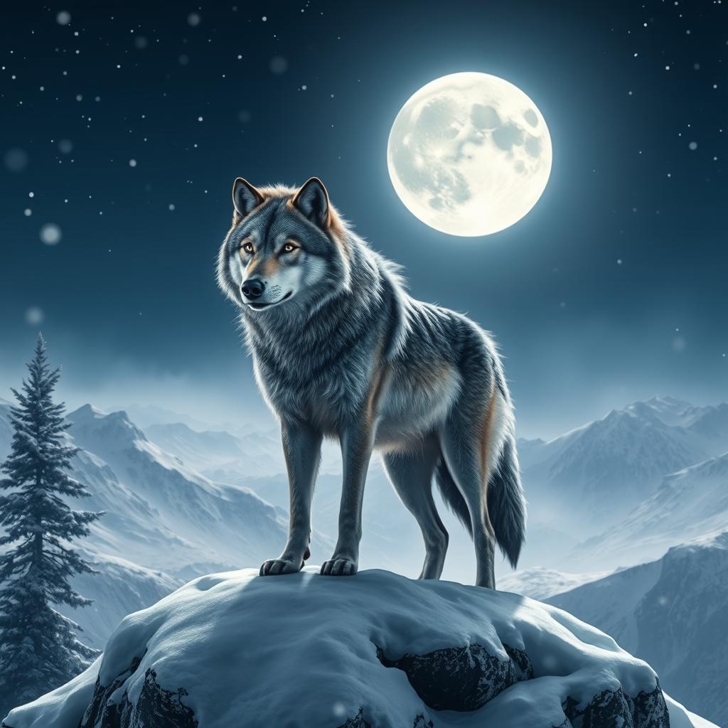 A solitary wolf standing on a snow-covered mountain peak, with a full moon bright in the night sky