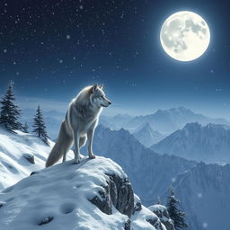 A solitary wolf standing on a snow-covered mountain peak, with a full moon bright in the night sky