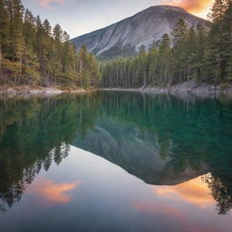 A serene mountain lake scene with a glass-like water surface reflecting a stunning sunset, with pine trees on the shores