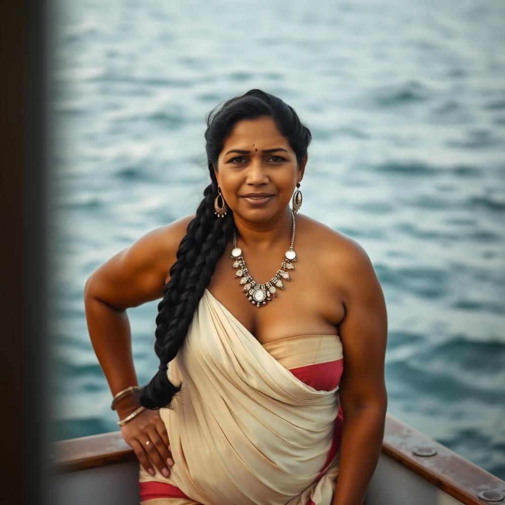 A mature Indian woman with a long braid, kneeling by the sea, showcasing her voluptuous and curvy figure