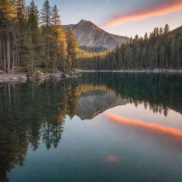 A serene mountain lake scene with a glass-like water surface reflecting a stunning sunset, with pine trees on the shores