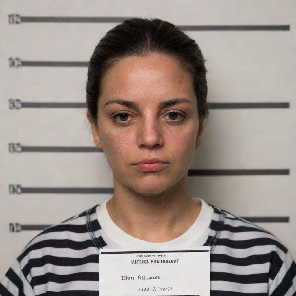 A woman wearing a traditional black and white striped prison uniform, facing forward with a neutral expression for a mugshot