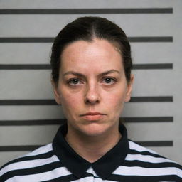 A woman wearing a traditional black and white striped prison uniform, facing forward with a neutral expression for a mugshot