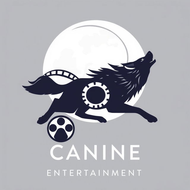 A dynamic running wolf with a film reel subtly incorporated into its design, representing motion and storytelling