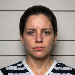 A woman wearing a traditional black and white striped prison uniform, facing forward with a neutral expression for a mugshot