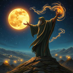 A powerful mage standing atop a hill, casting a spell into a vivid, starry night sky