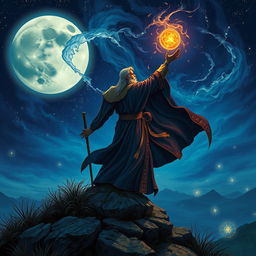 A powerful mage standing atop a hill, casting a spell into a vivid, starry night sky