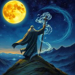 A powerful mage standing atop a hill, casting a spell into a vivid, starry night sky