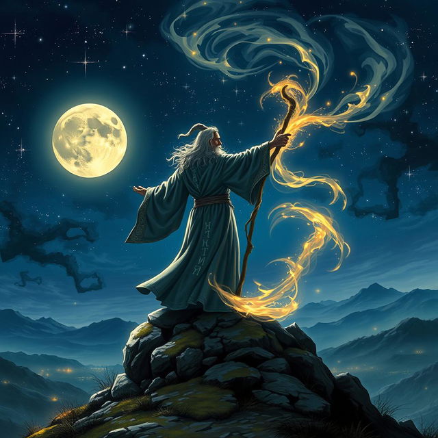 A powerful mage standing atop a hill, casting a spell into a vivid, starry night sky