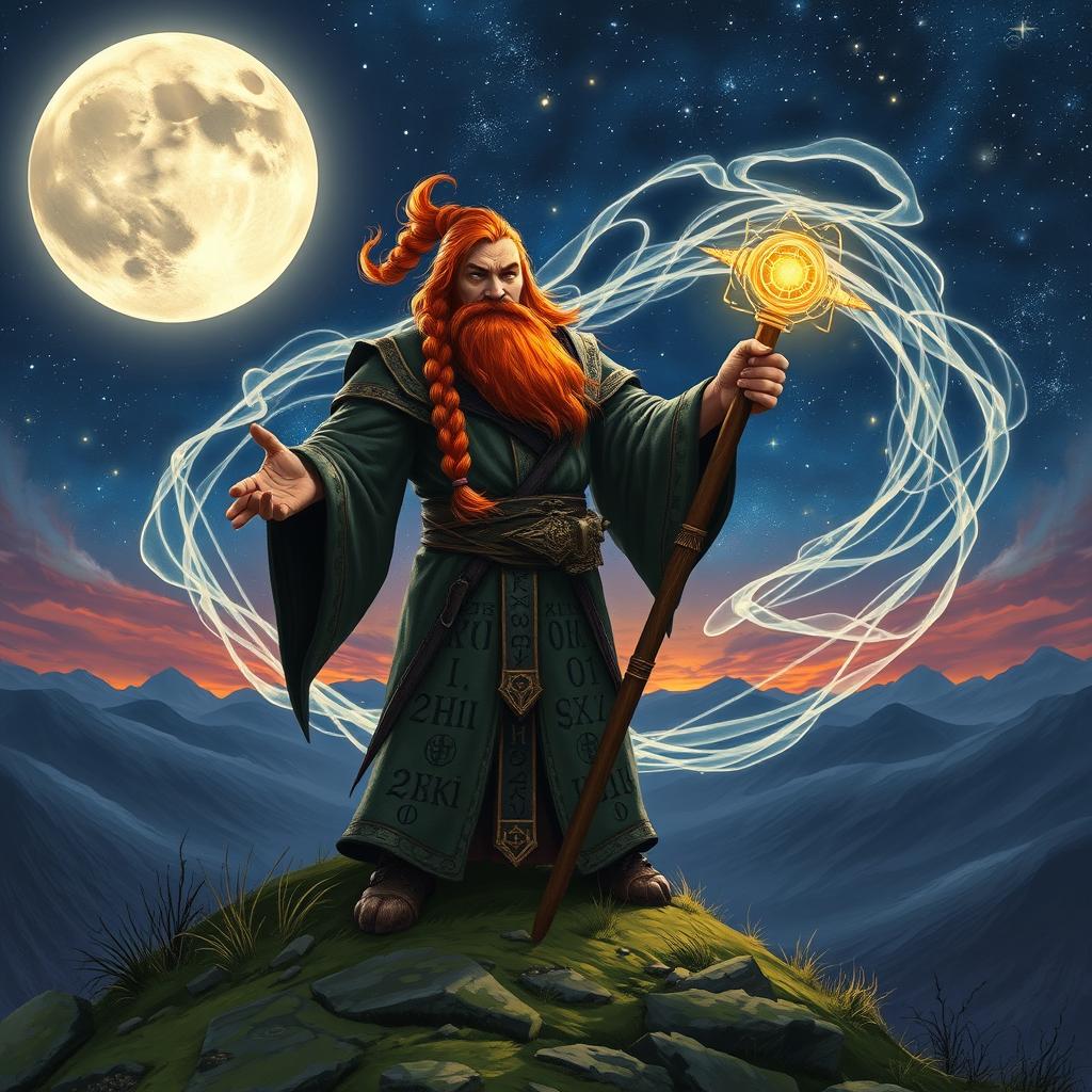 A powerful redheaded dwarf mage standing atop a hill, casting a spell into a vivid, starry night sky