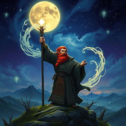 A powerful redheaded dwarf mage standing atop a hill, casting a spell into a vivid, starry night sky